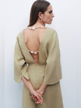 NOCTURNE 100% Linen Beaded Back Mini Dress Olive Green Women's S Quiet Luxury